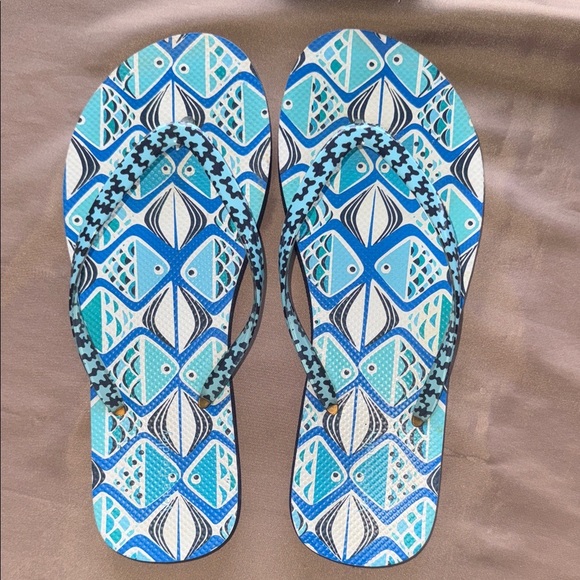 Vera Bradley GO FISH Teal Blue Flip Flops Large 9/10 Patterned Flip Flops - Picture 1 of 7